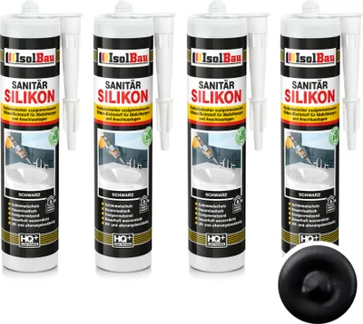 Produktbild von Isolbau Sanitär Silikon 4 x 300 ml Schwarz - Hochelastischer Silikon-Dichtstoff für Abdichtungen & Fugen – Schimmelresistent, wasserdicht -  Kartusche