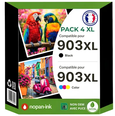 Image de Pack 4 Cartouches 903XL 903 XL Noir Cyan Magenta Jaune compatible pour HP OfficeJet 6950 6951 6954 6956 OfficeJet Pro 6960 6961 6962 6963 6964 6965 6966 6968 6970 6971 6974 6975 6976 6978 6979 Haute capacité avec puce résistante aux mises à niveau Rendement 825 pages
