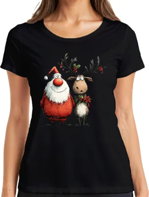 Produktbild von Lustiger Weihnachtsmann und Rentier Cartoon Weihnachten Geschenk Damen T-Shirt, Schwarz, XL