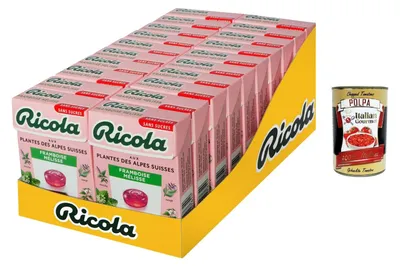 Produktbild von Italian Gourmet Schweizer Alpenkräuter Bonbons Zuckerfrei – Himbeere & Melisse – 20x50g Vorratspack – Kräuterpastillen für Hals & Atem – einzeln verpackt – praktische Großpackung
