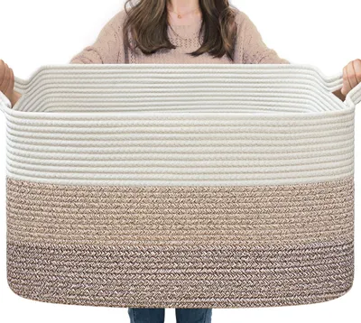 Produktbild von Großer, geflochtener Aufbewahrungskorb, rechteckiger Seilkorb zur Aufbewahrung von Spielzeug, Deckenkorb für Wohn- oder Schlafzimmer, 55 x 38 x 29 cm, hellbraun