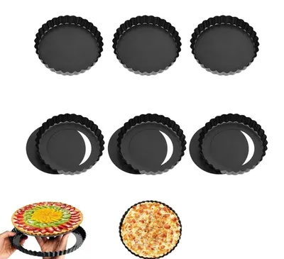 Image de Moules à tartelettes avec fond amovible - Acier au carbone avec revêtement antiadhésif - Pour tartelettes, quiches et tartes - Lot de 6, diamètre 10 cm