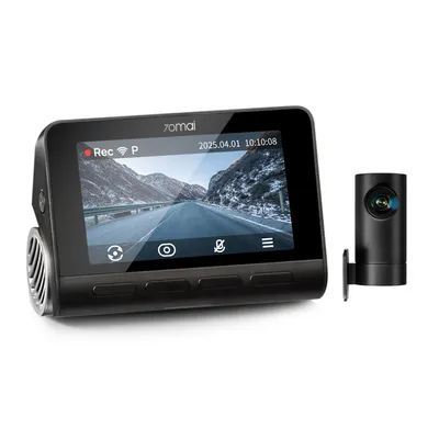A dashcam and its rear camera are displayed against a white background.