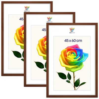Produktbild von MG Design 3er Set Bilderrahmen 45 x 60 cm - Posterrahmen mit Braun Echtholzrahmen und bruchsicherem Acrylglas, Hoch & Quer mit stabiler Wandaufhängung