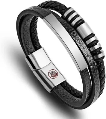 Immagine prodotto di Bracciale in pelle intrecciata, 21 cm, nero e marrone, con chiusura magnetica in acciaio inossidabile, da uomo
