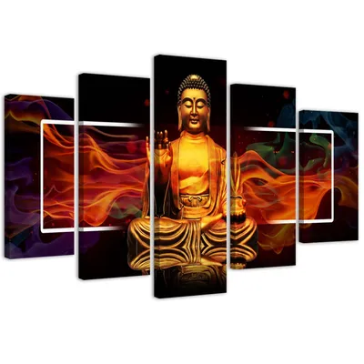 Produktbild von 5-teiliges leinwandbild goldener buddha 200x100 cm Feeby gold wandbild bereit zum aufhängen