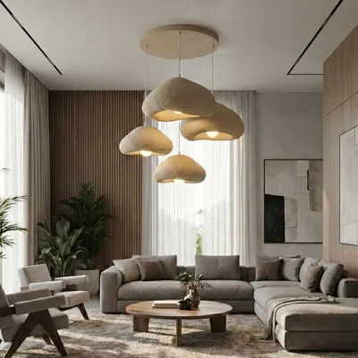 Produktbild von Opviq, Elegante Pendelleuchte aus Metall mit Fiberglas-Kappe, Ecru, 50-110 cm höhenverstellbar, 4 x E27, IP20 | Modernes Design für stilvolle Wohnräume.