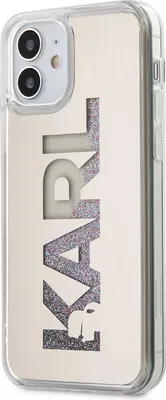 A close-up shot of an iPhone 12 mini case with the Karl Lagerfeld logo.
