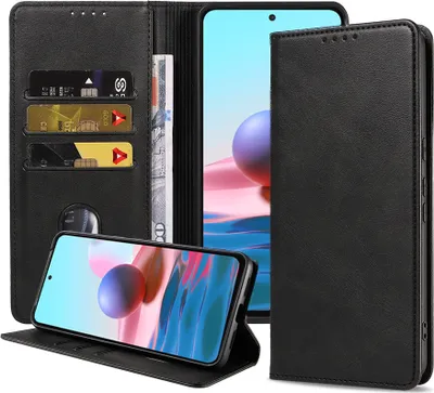 Produktbild von Smartphonica Handytasche geeignet für Xiaomi Redmi Note 10 4G / 10S Kunstledertasche mit Magnetverschluss und Kartenhalter Buchhülle mit Klappe - Schwarz