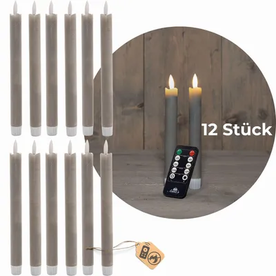 Produktbild von Stabkerzen LED mit Timer TAUPE GRAU 12 Stück indoor 6 Stunden ECHTWACHS 18cm Höhe für Kerzen 2,2cm Durchmesser 2 AAA Batterien notwendig LED Stabkerzen 4er Set 3x bewegliche Flamme Licht
