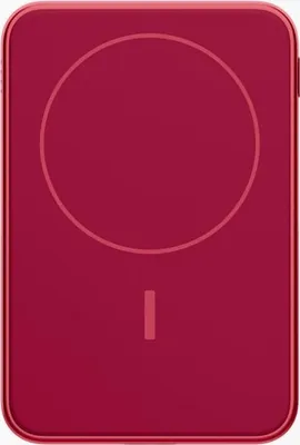 A red magnetic wireless power bank with a circular indentation and a vertical line.