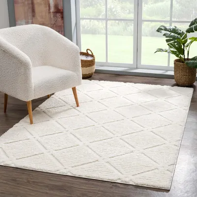 Produktbild von Teppich Hochflor Wohnzimmer - 160x230 cm - Landhaus Creme - Hochtief-Muster/ 3D-Effekt