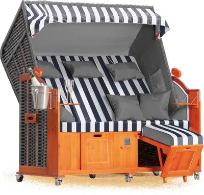 Produktbild von Strandkorb Hanse Strandkorb Klassik 2,5 Sitzer XXL Ostsee Volllieger 160cm breit in blau weiß, bereits montiert inkl. Strandkorbrollen, ideal für Garten, Balkon oder Terrasse