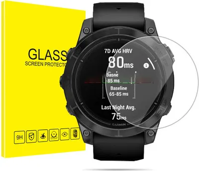 A smartwatch screen protector is shown next to its packaging.