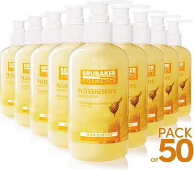 Produktbild von BRUBAKER Cosmetics Handwaschlotion Flüssigseife im praktischen Spender - reinigt sanft und spendet Feuchtigkeit, Milch Honig, 50er Pack (50 x 240 ml)