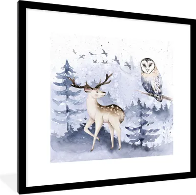 Produktbild von MuchoWow® Gerahmtes Poster Winter - Rotwild - Eule 40x40 cm - Poster mit Schwarzem Bilderrahmen Wandposter Rahmen Foto Bilder - Poster - Plakat im Rahmen