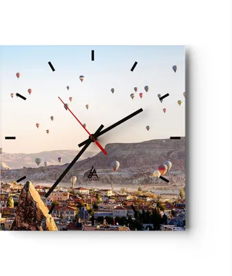 Produktbild von Wanduhr - Quadrat - Glasuhr - Berge Ballon Flug - 40x40cm - Schleichendes Uhrwerk - Lautlos - zum Aufhängen bereit - Dekoration Modern - Wanddekoration aus Glas - C3AC40x40-3997