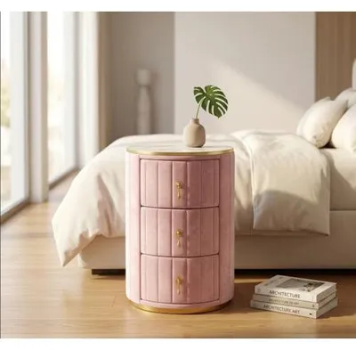 Produktbild von AIORBER Runder Nachttisch mit 3 Schubladen, Samtbezug, Marmoroptik Tischplatte, Goldene Griffe, Nachtkonsole mit Stauraum, Rosa