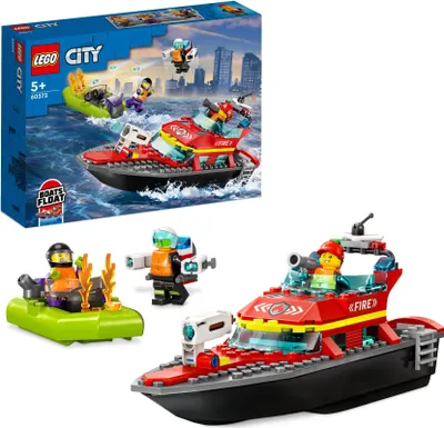 Produktbild von LEGO 60373 City Feuerwehrboot, Spielzeug, das im Wasser schwimmt, mit Rennboot, 3 Minifiguren und Jetpack, Feuerwehr-Boot-Spielzeug Geschenkidee für Jungen und Mädchen ab 5 Jahren