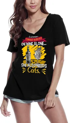 Produktbild von Damen Grafik T-Shirt V-Ausschnitt Sie braucht auch Katzen Katze – She Also Needs Cats Cat – Öko-Verantwortlich Vintage Jahrgang Kurzarm Lustige Druck