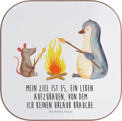 Produktbild von Mr. & Mrs. Panda Tischuntersetzer Pinguin Lagerfeuer - Weiß - Geschenk, Job, Arbeit, gläseruntersetzer, Untersetzer für Gläser, Marshmallows, Tasse, Coaster, Tischschoner