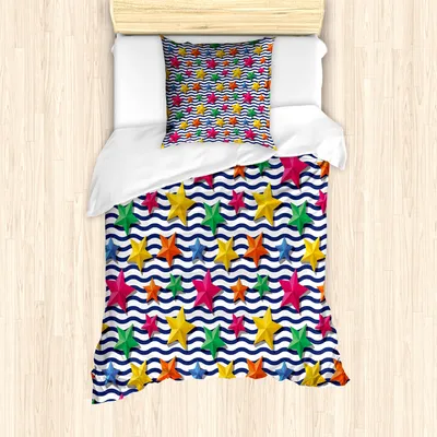 Produktbild von ABAKUHAUS Nautisch Mantele, 3D Sterne gewellte Streifen, Milbensicher Allergiker geeignet mit Kissenbezügen, 135 cm x 200 cm - 80 x 80 cm, Mehrfarbig