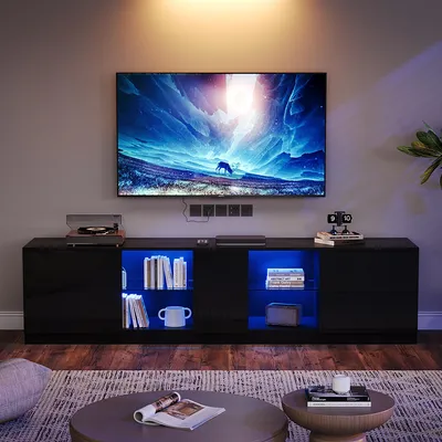 Produktbild von Merax TV-Schrank mit LED-Beleuchtung für 65 Zoll,  TV-Lowboard aus Kiefer mit 2 Schubladen, modernes TV-Board mit 1 Schrank, Hochglanz Schwarz