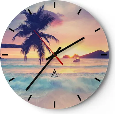 Produktbild von Wanduhr - Rund - Glasuhr - Meer Strand Palme - 40x40cm - Schleichendes Uhrwerk - Lautlos - zum Aufhängen bereit - Dekoration Modern - Wanddekoration aus Glas - C3AR40x40-3992