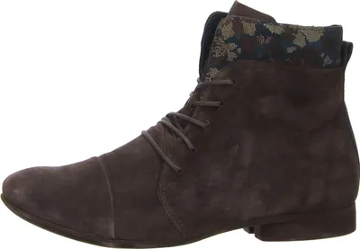 A side view of a brown suede boot with a patterned cuff.