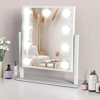 Make-up-Spiegel mit LED-Beleuchtung, 3 Lichtfarben, 9 Lampen, 360° drehbar