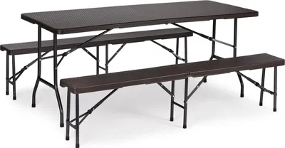 Produktbild von Cateringtisch 180 cm + 2 Bänke Rattan-Bankettset ModernHome