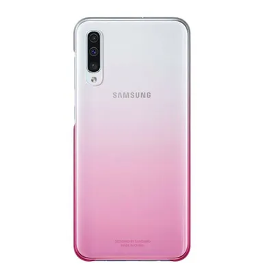 The back of a Samsung phone with a pink and white gradient.