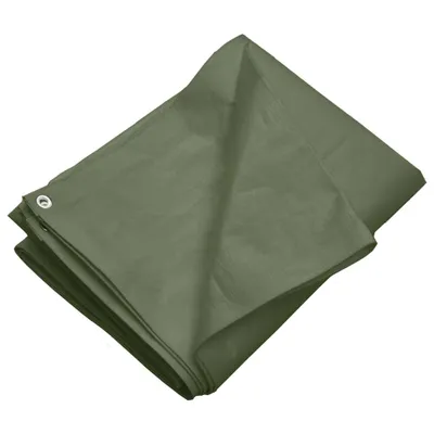 A folded green tarp is shown against a white background.