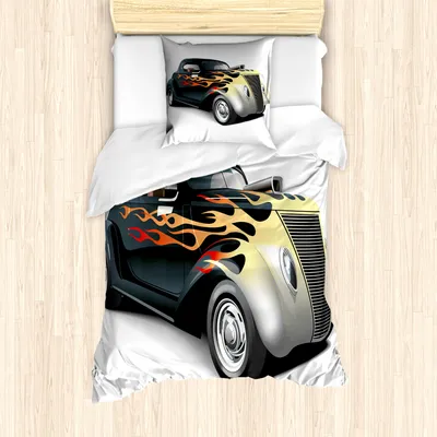 Produktbild von ABAKUHAUS Jahrgang Mantele, Retro 40er Jahre Drag Car, Milbensicher Allergiker geeignet mit Kissenbezügen, 135 cm x 200 cm - 80 x 80 cm, grau orange