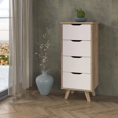 Produktbild von Chiffonnier VANKKA mit 4 Schubladen, Spanplatten Nachbildung Eiche und Weiß, 45 x 42 x 108 cm