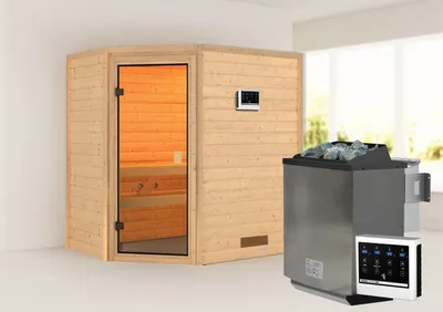 Produktbild von Karibu Sauna Innensauna Svea Eckeinstieg Ofen 9 kWexterne Strg easy 196x145x198 cm ohne Dachkranz mit Bronzierter Tür