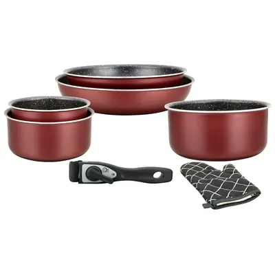 Produktbild von Herzberg HG-8053: 7-Teiliges Marmorbeschichtetes Kochgeschirrset Mit Abnehmbarem Griff Burgund