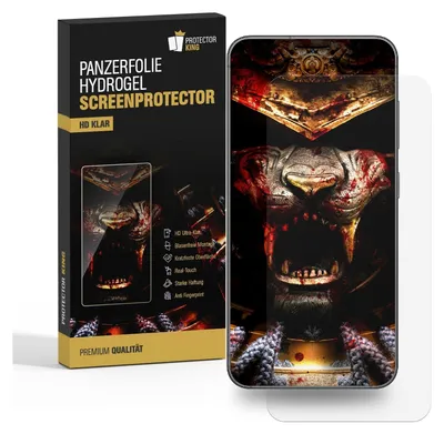 A product package for a screen protector is shown next to a smartphone displaying a graphic.