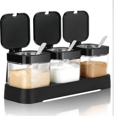 Produktbild von Famanu Gewürzbehälter Set 3-teilig - Gläserne Kruidendozen mit Deckeln und Löffeln