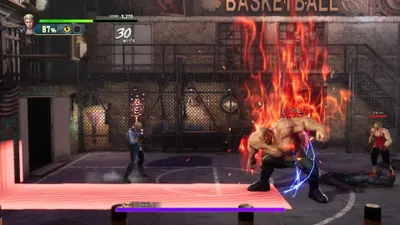 A video game scene on a basketball court with characters fighting.