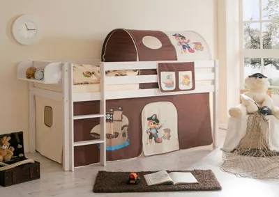 Produktbild von Hochbett Spielbett Malte Kiefer massiv Weiss, Vorhangstoff:Pirat Braun Beige