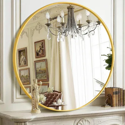 Image de Miroir rond mural, doré, diamètre 66 cm, en alliage d'aluminium, idéal pour la salle de bain, le salon ou le couloir
