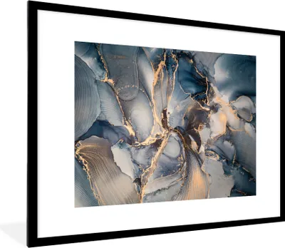 Produktbild von MuchoWow® Gerahmtes Poster Marmor - Grau - Blau - Luxus - Gold 80x60 cm - Poster mit Schwarzem Bilderrahmen Wandposter Rahmen Foto Bilder - Schlafzimmer-Dekorationen - Fotoposter