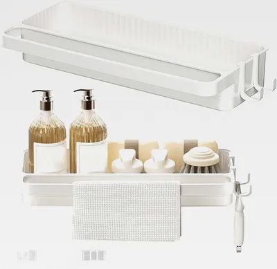 Produktbild von Spülbecken Organizer Wand, Küchenorganisation Spüle, Küchenablage Ohne Bohren, Spülutensilien Aufbewahrung für Küchenzubehör Schwamm Bürste Spülseife, Spülbecken Organizer Weiß