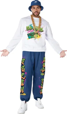 A man wearing a hip hop costume from the 90s.