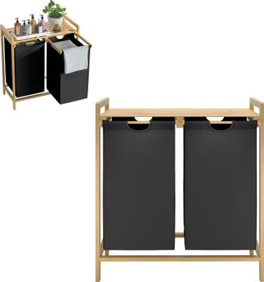 Produktbild von TWOLIIN Bambus Wäschekorb mit 2 Fächern, 72L Wäschesortierer aus Oxford-Stoff, Wäschesortiersystem abnehmbar und waschbar, 73x64x33,5cm, Schwarz