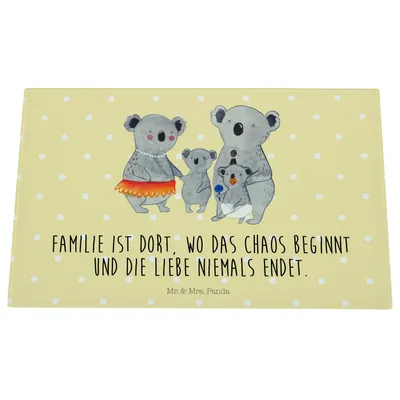 Produktbild von Mr. & Mrs. Panda Hackbrett Koala Familie - Gelb Pastell - Geschenk, Koalas, Glas Schneideplatte, schneidbrett, Family, Kinder, Glasschneidebrett, Muttertag, Papa