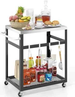 Produktbild von COSTWAY 2-stöckiger Grillwagen mit Rädern, Griff und 4 Haken, Mehrzweckwagen, Arbeitstisch Edelstahl