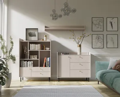 Produktbild von Wohnzimmer Set in sandbeige, mit Highboard & Wandboard, 3-teilig -GORICA-133