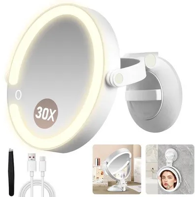 Zdjęcie produktu dla Lustro łazienkowe z 30-krotnym powiększeniem, z przyssawką, dwustronne, z oświetleniem LED, 3 poziomy jasności